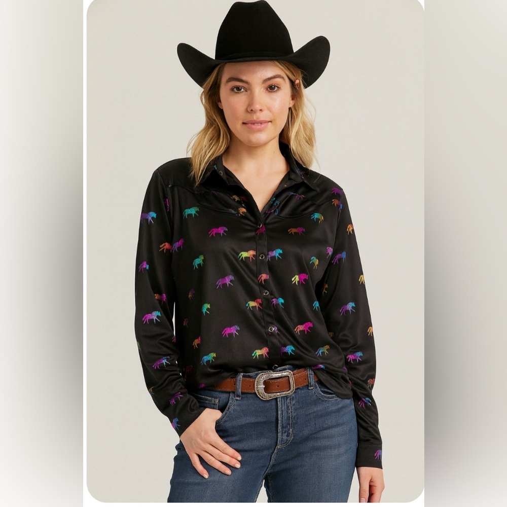 NWT Wrangler Satin Rainbow Horse Blouse Size Large - Picture 2 of 8